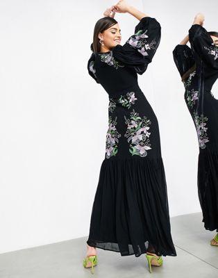 floral embroidered tiered maxi dress ...